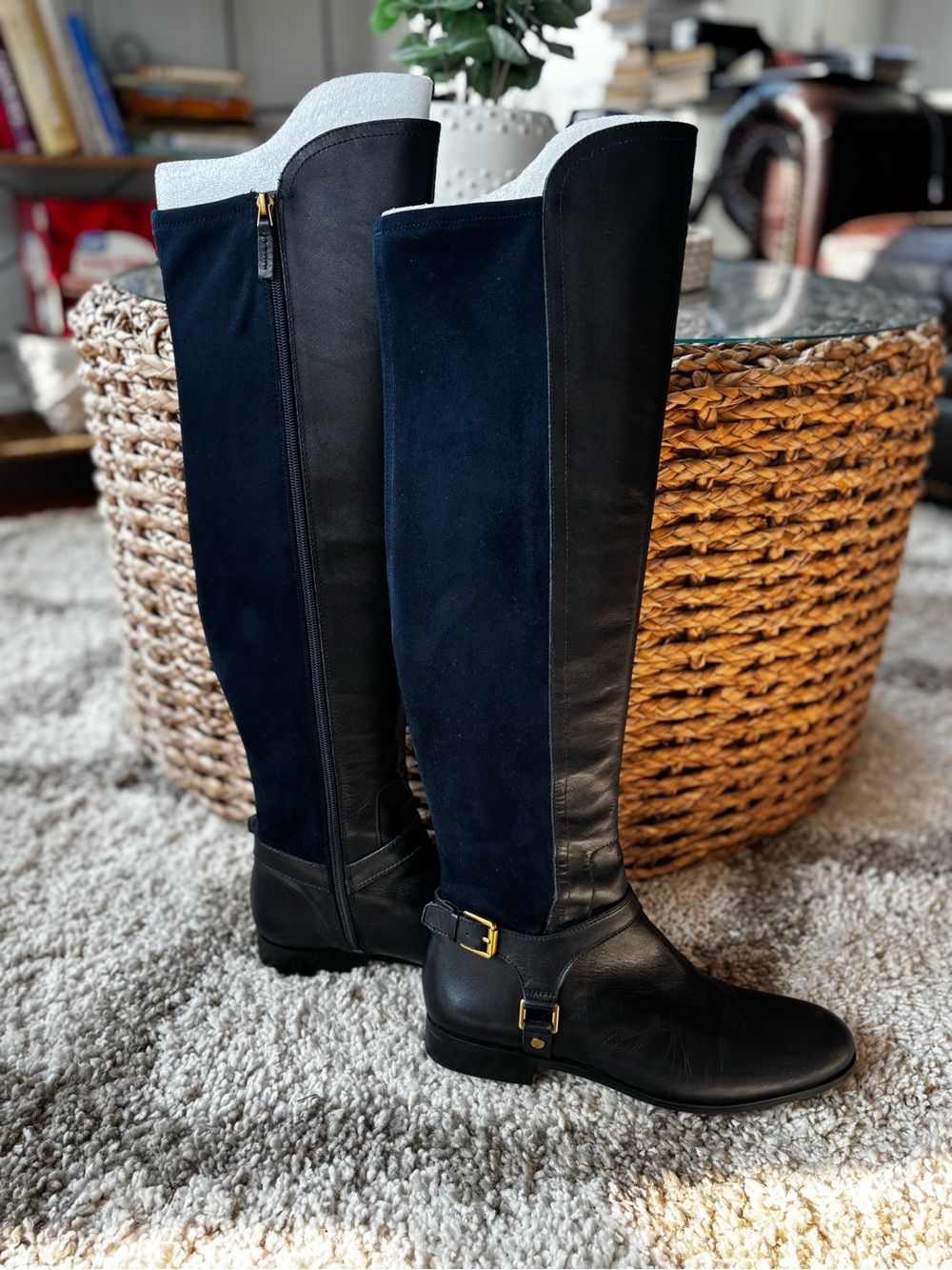 Franco Sarto Navy Blue Leather and Navy Suede Over-the-Knee Boots